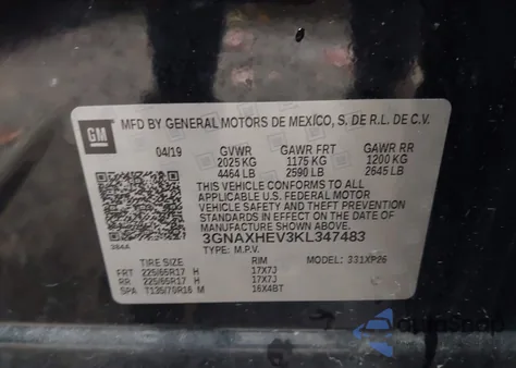 2019 Chevrolet Equinox Ls z USA, uszkodzony, nr VIN 3GNAXHEV3KL347483